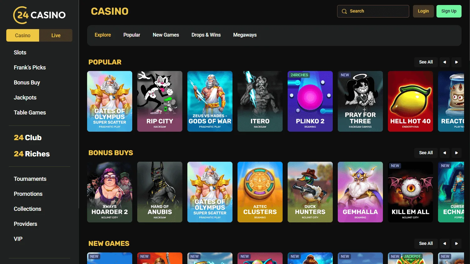 24Casino games interface on desktop