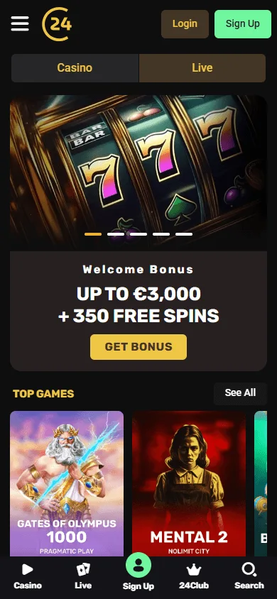 24Casino home interface on a mobile device
