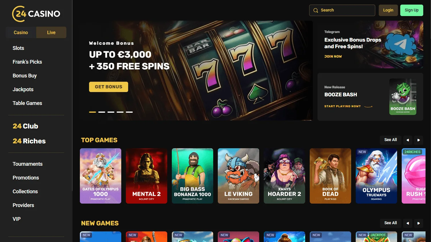24Casino home interface on desktop