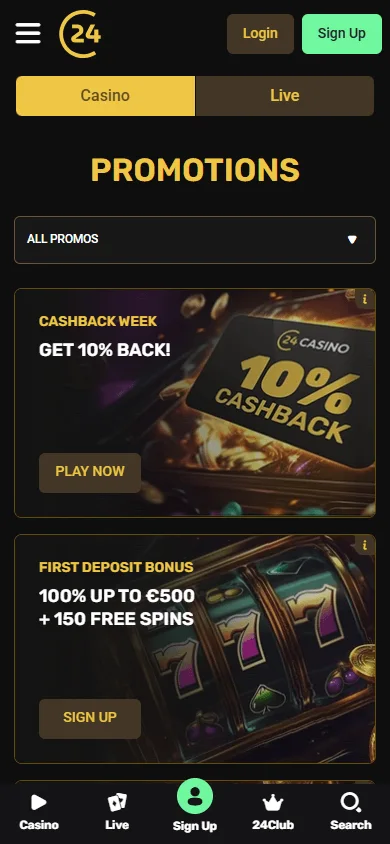 24Casino promotions interface on a mobile device