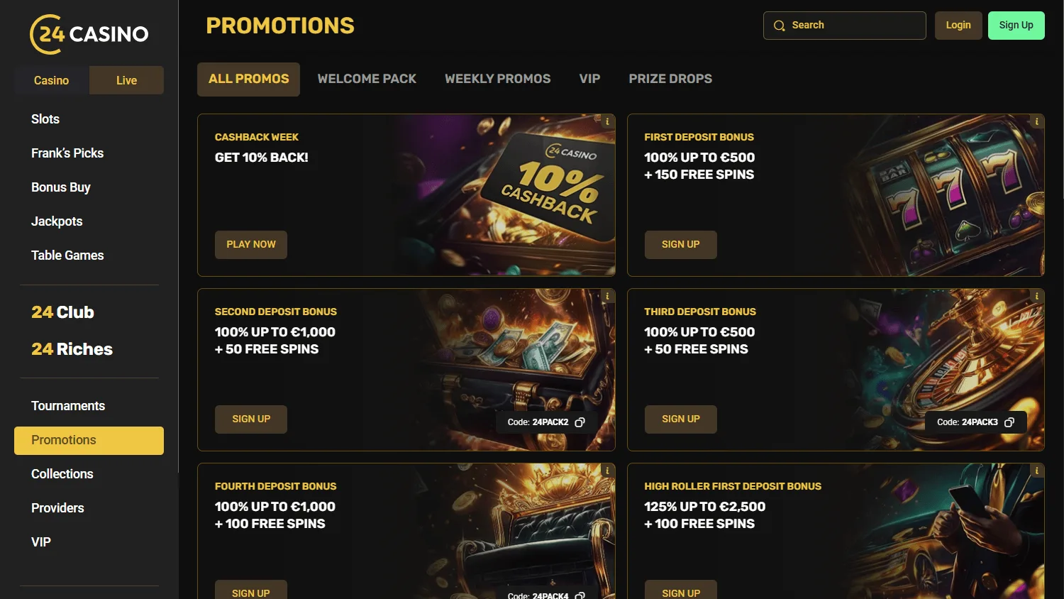24Casino promotions interface on desktop
